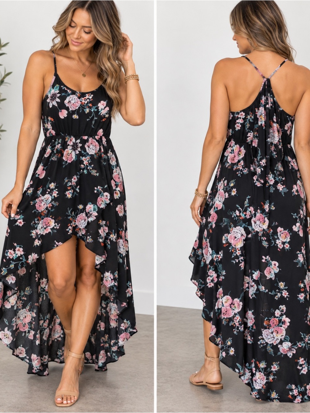 Black Floral High-Low Maxi Dress with Pink Accents